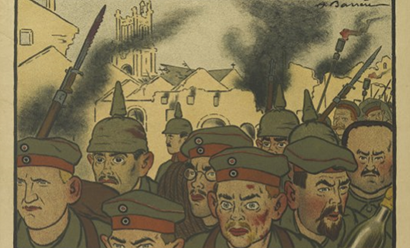 WWI-era cartoon depicting group of caricatured German soldiers marching away from the smoking ruins of a European city.