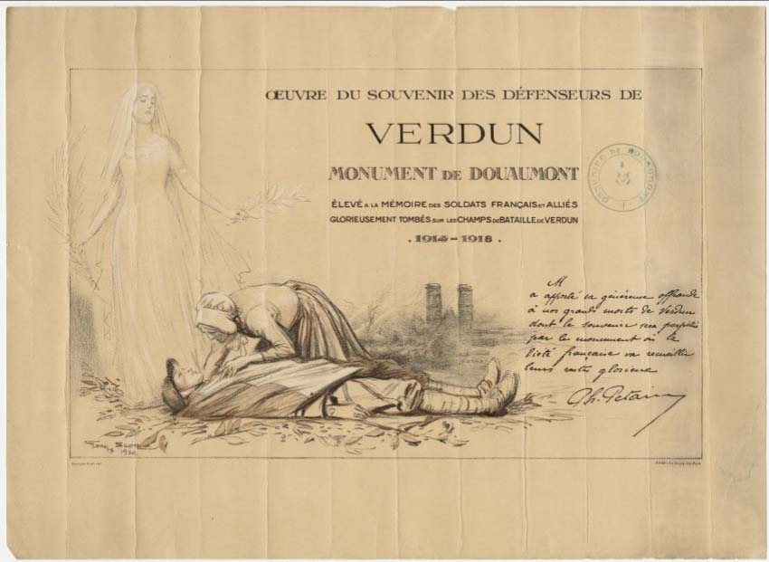 Scan of a WWI-era French ossuary certificate with an illustration of a person grieving over the body of another person with a white-robed angel standing over them both