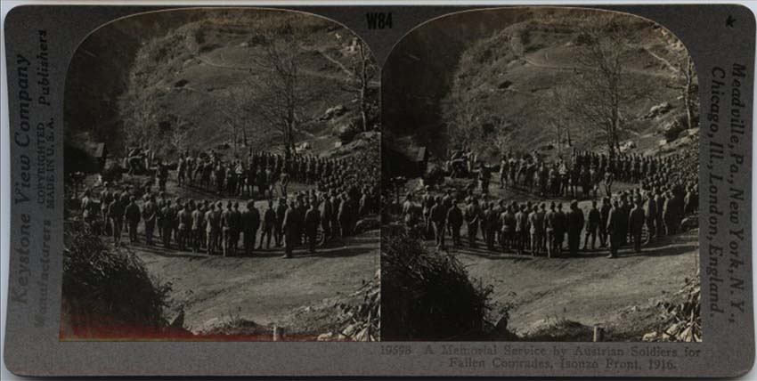 Black and white stereoscope image of a crowd arranged in a circle