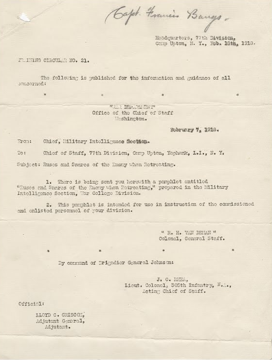 Scan of a typewritten document with Capt. Francis Bangs written in cursive on the top