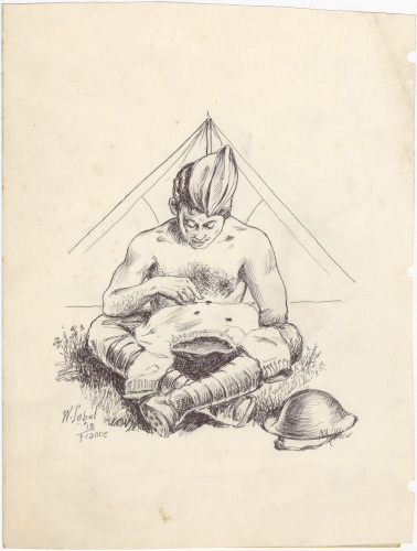 Scanned document. Hand-drawn sketch of a shirtless man sitting cross-legged in front of a small tent. He has his shirt in his lap and he is picking small black bugs off the shirt.