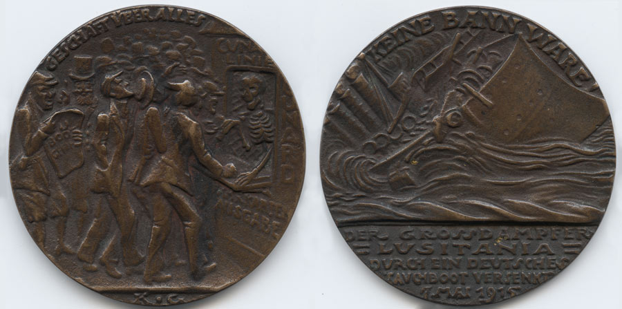 Front and back scans of a German bronze commemorative medal depicting the sinking of a passenger liner