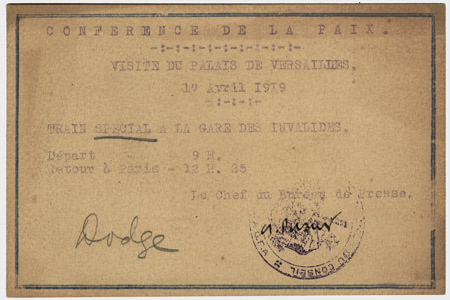 Scan of a yellowing card with typewritten French and a stamped seal. It is signed 'Dodge' in cursive.