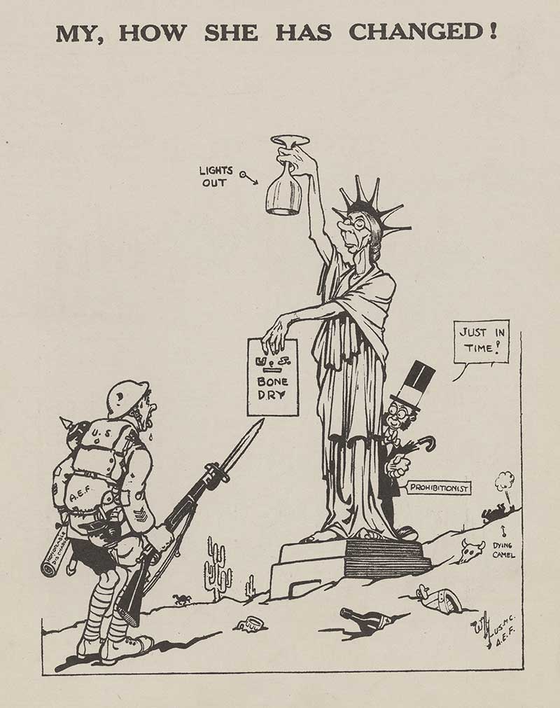 Cartoon of the Statue of Liberty transformed into an elderly schoolmarm-ish woman. She holds a wine glass upside down and a sign that says 'Bone Dry'. Text: My, How She Has Changed!