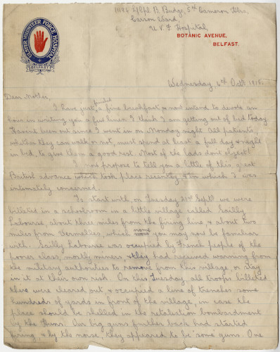 Scan of a handwritten letter on an Ulster Volunteer Force Hospital letterhead.