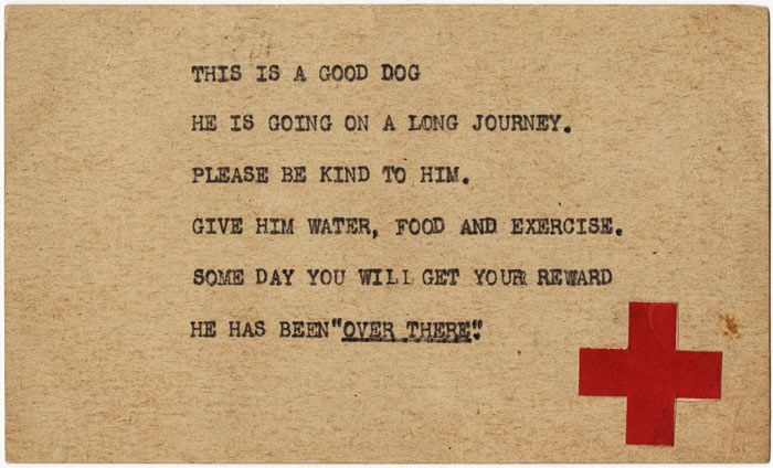 Scan of a typewritten card. Red Cross logo in the lower right hand corner. Text: This is a good dog / He is going on a long journey. / Please be kind to him. / Give him water, food and exercise. / Some day you will get your reward. / He has been 'Over There.'