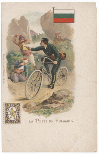 Painting of a man in military uniform riding a bicycle and shooting a gun at two men dressed in civilian clothing.