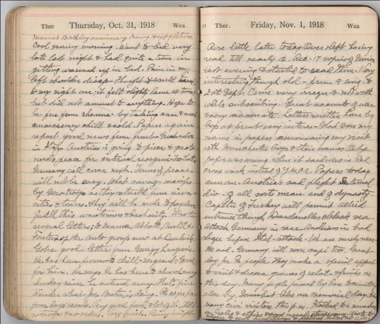 Scan of two pages of an open WWI-era notebook densely covered in cursive writing