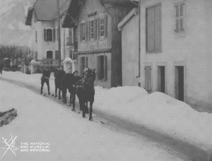 Animated gif of black and white film footage. A horse pulls five men in a row on skis, along a snowy village road.