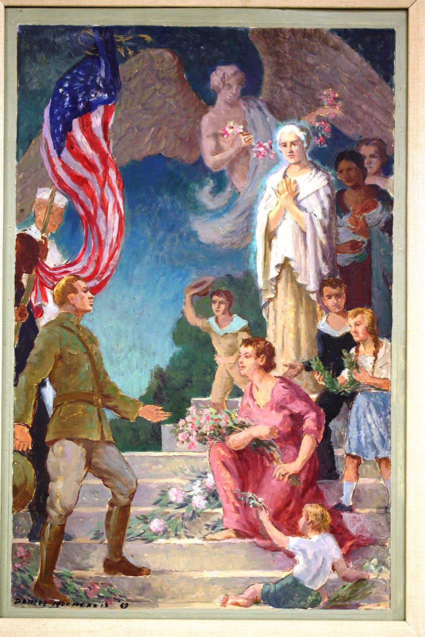 Crop of a painting depicting a group of women seated or standing on stone steps surrounded by children. The group is facing a standing white man dressed in military uniform. An angel hovers over the scene.