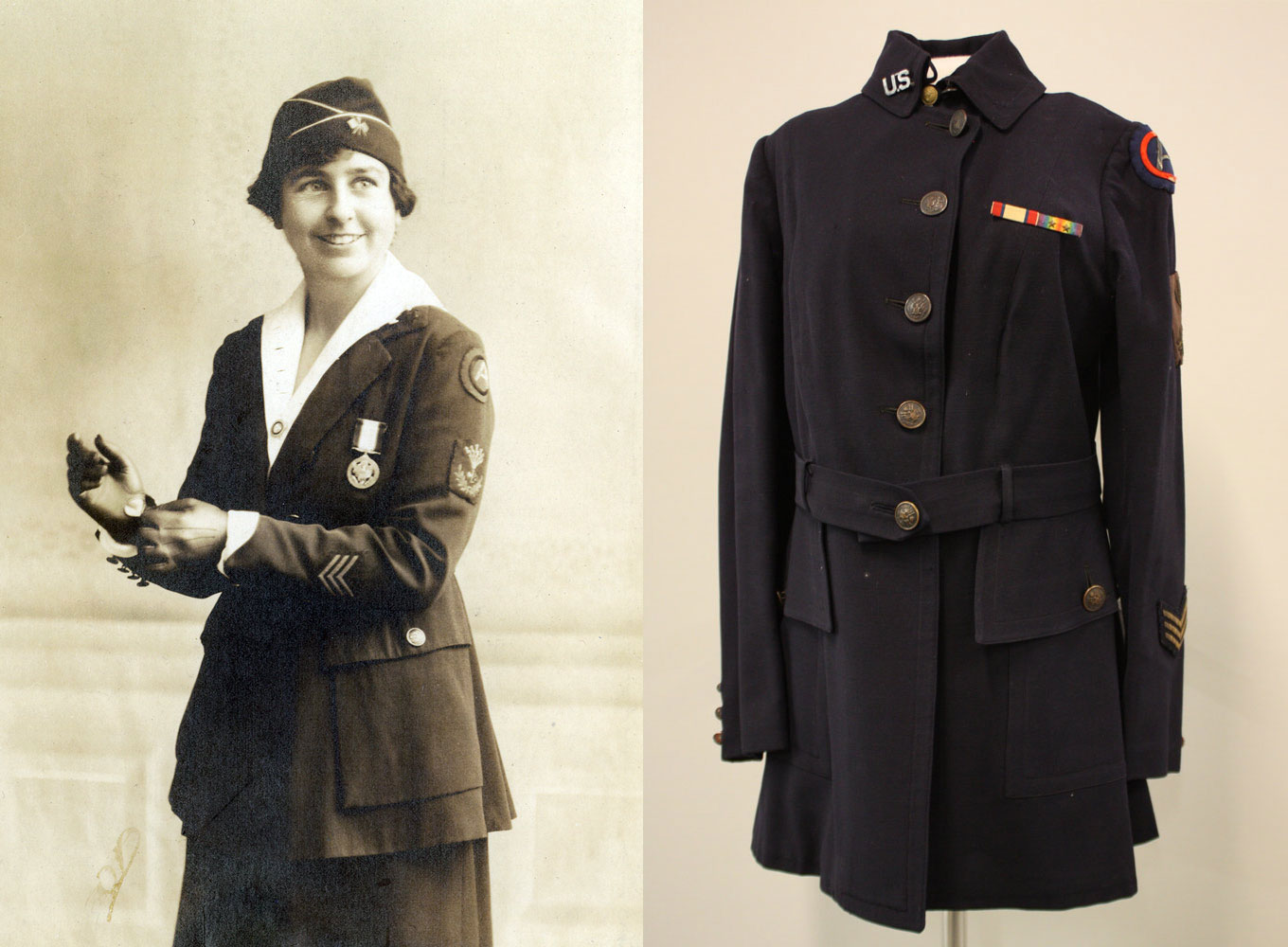 Portrait photo of Grace Banker in her uniform at left, Contemporary photograph of her uniform jacket at right