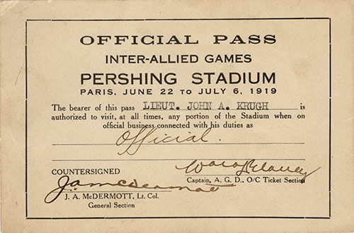 Scan of a card printed with blocky fonts. Text: Official Pass. Inter-allied Games. Pershing Stadium.