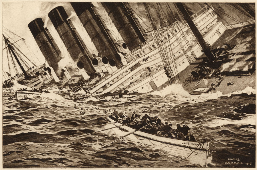 Ink illustration depicting the sinking of a WWI-era passenger steamship