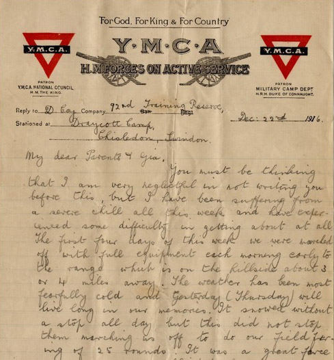 Scan of a page of a handwritten letter with a YMCA letterhead