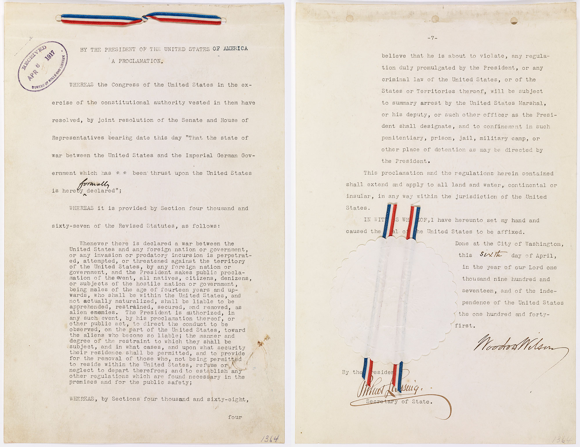 Scan of an official-looking typewritten document. It is signed in cursive by Woodrow Wilson and sealed with a paper seal and ribbons.