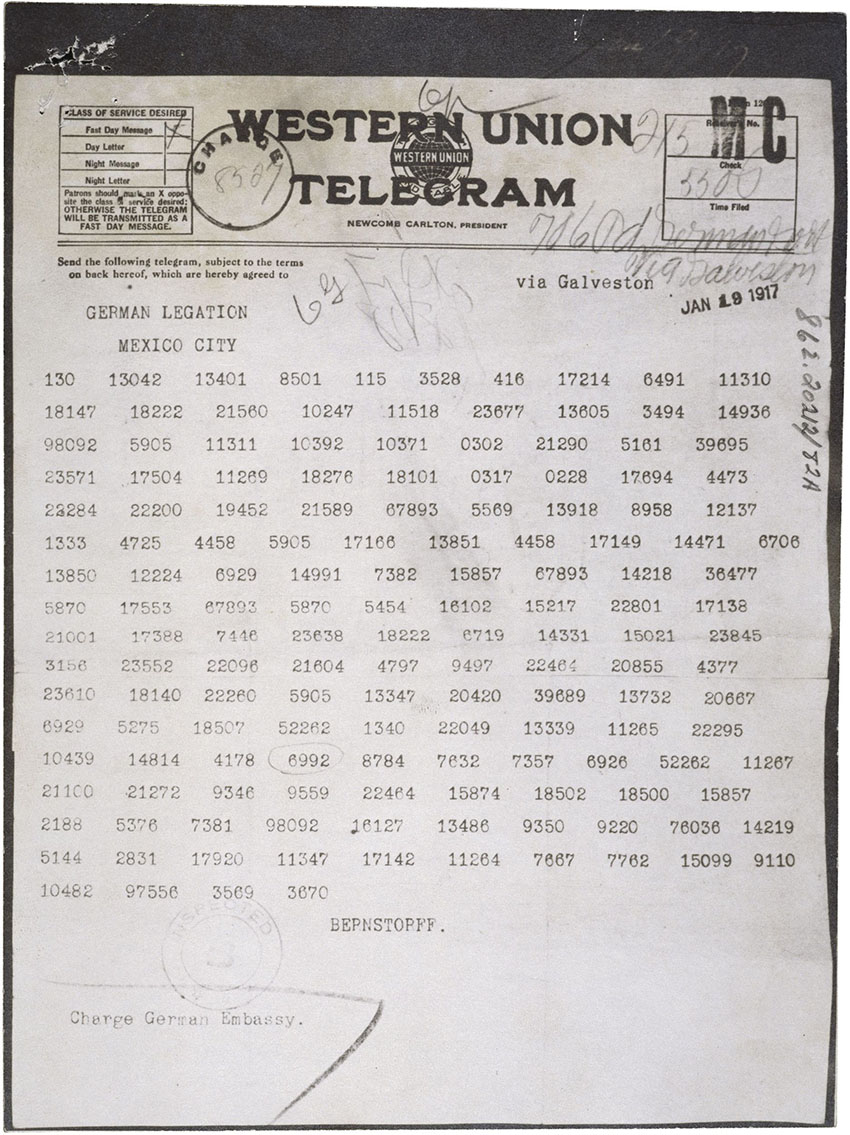 Scan of a Western Union Telegram. The message is a typewritten series of coded numbers.
