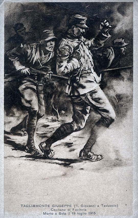 Scan of a postcard printed with a painting of four men dressed in military combat gear charging forward with weapons ready.