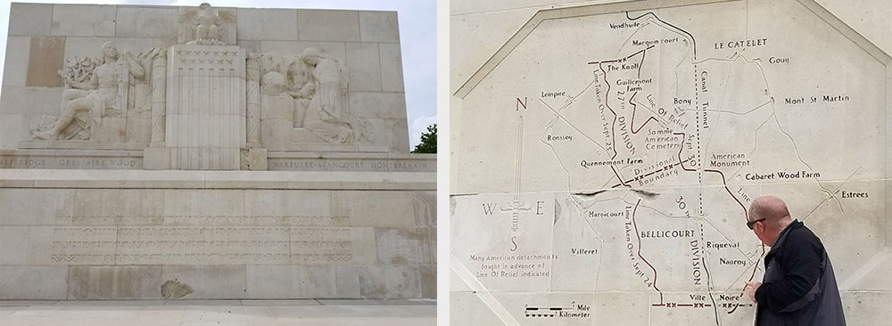 Left photograph: the base of a large white stone monument. Right photograph: a man standing in front of a map etched into the monument.