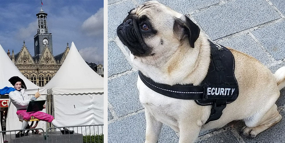 Left photograph: A colorful statue of a person dressed in historical French clothing including pink trousers. Right photograph: a French pug wearing a black vest that says 'Security'.