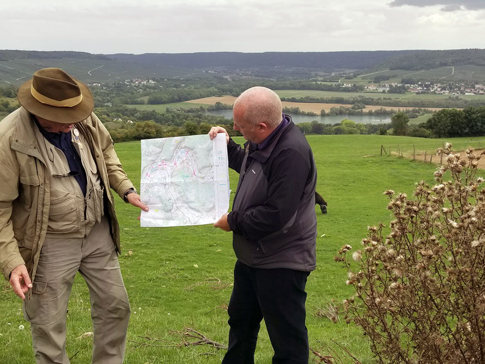 Two men standing in a field of green grass, holding up a paper map.