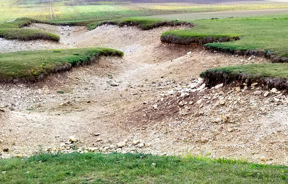 Photograph of irregularly-shaped sandy pits in a grassy field.