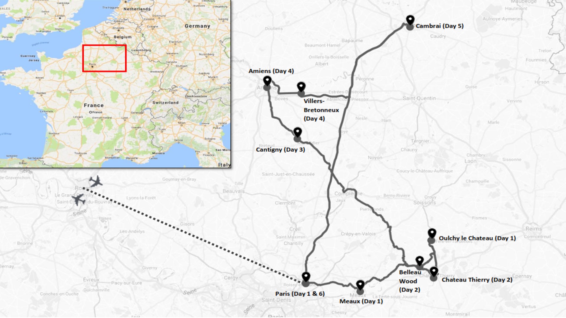 Modern map showing the locations and routes of the 2017 Battlefield Tour in France.