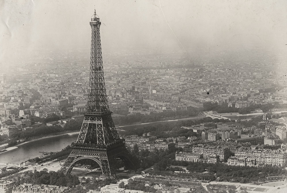 Sepia aerial view of historical Paris and the Eiffel Tower