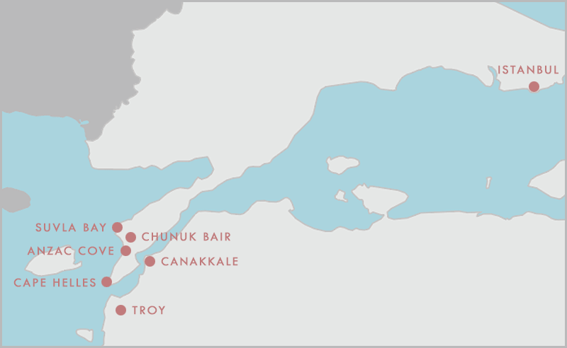 Modern map of battlefield tour locations in Turkey