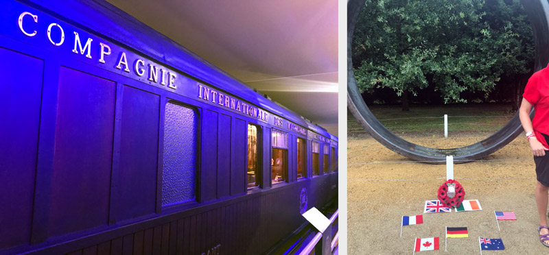 Two photographs side by side. One photograph shows a blue train coach inside the Compiègne museum. The other photograph shows a large stone ring sitting upright in a clearing with small national flags planted in front of it.