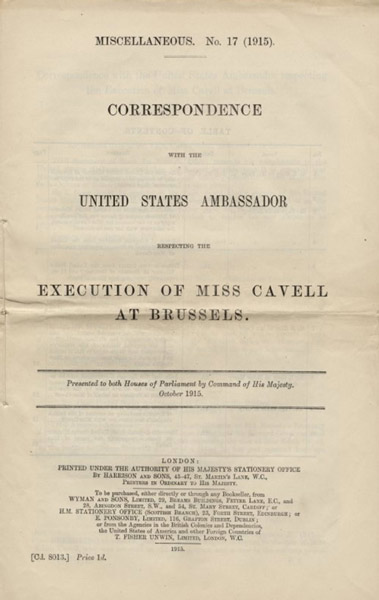 Title page of document reading Execution of Miss Cavell in Brussels