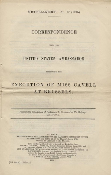 Page de titre du document lisant l'exécution de Mlle Cavell à Bruxelles