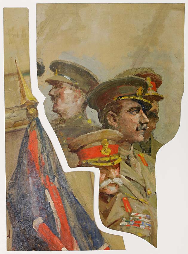 Fragment of the mural showing four soldiers in military uniform