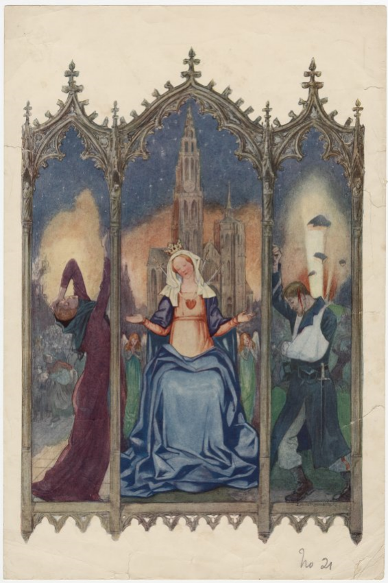 Altar piece design with wounded virgin, city being destroyed in background. 