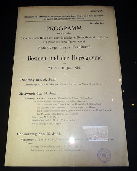 Museum display of a typewritten program for Franz Ferdinand's visit