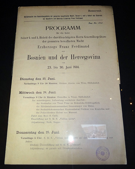 Museum display of a typewritten program for Franz Ferdinand's visit