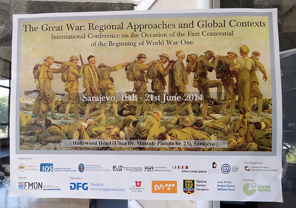 Poster advertising a museum exhibition. The main background image is a painting of soldiers suffering from a gas attack.