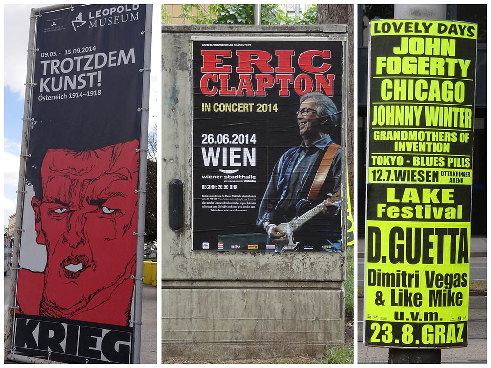 Left photograph: a vertical banner with a drawing of a man's face done in red. Center photograph: a poster advertising Eric Clapton. Right photograph: a flyer advertising a rock festival