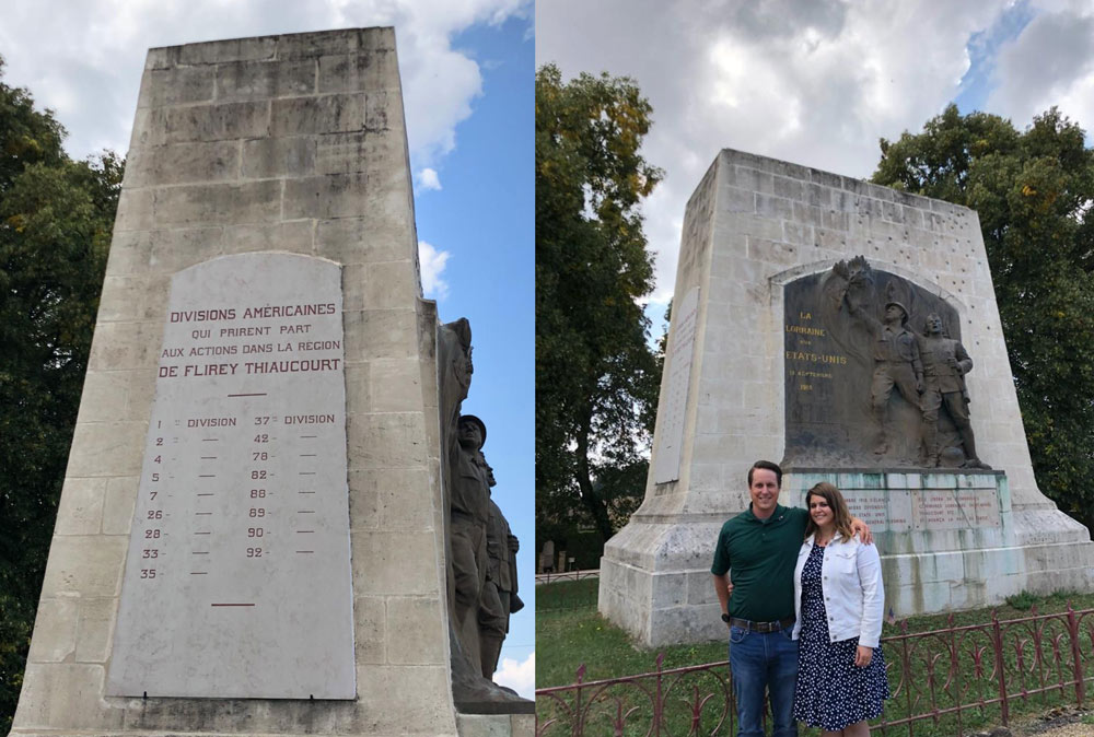 Two photographs of a tall stone rectangular monument. A man and a woman pose in front of the monument in one of the photographs.