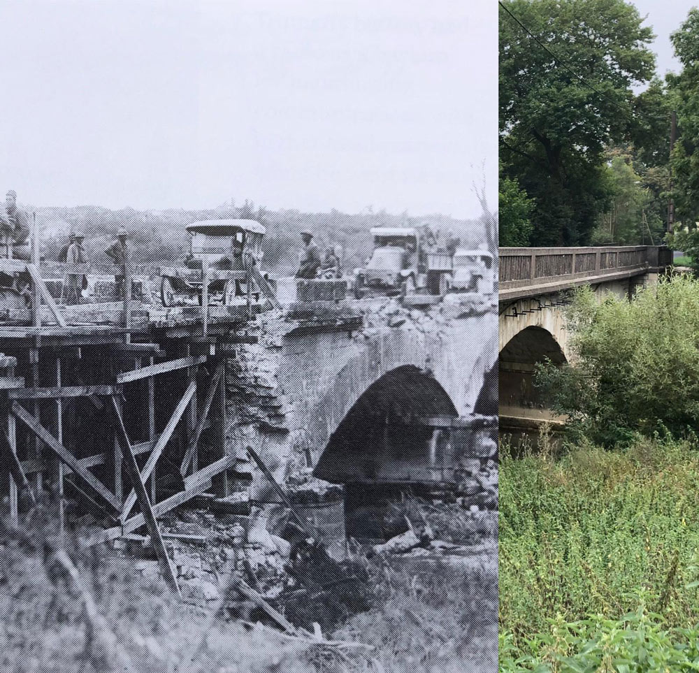 Black and white photograph of a war-torn bridge overlaying a modern photograph of the same bridge.