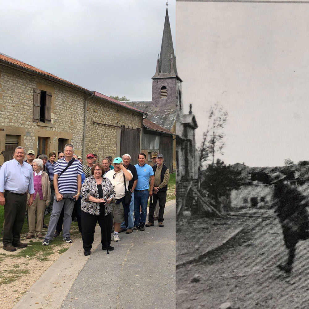 The tour group standing next to an old church building, overlaying a black and white photograph of the same building in WWI.