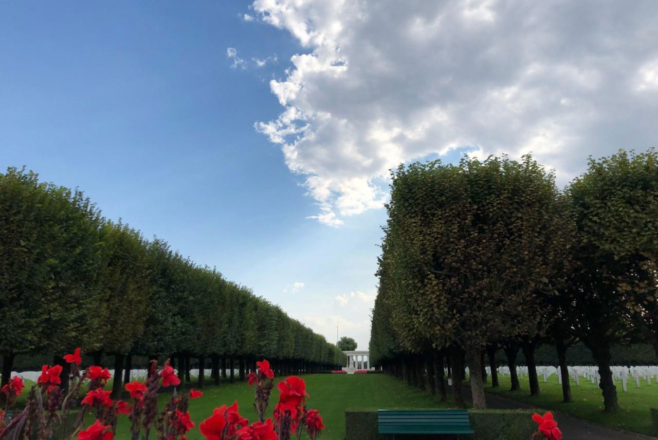 Foreground: red flowers. Background: view down a long grassy lane between trees to a white building in the distance.