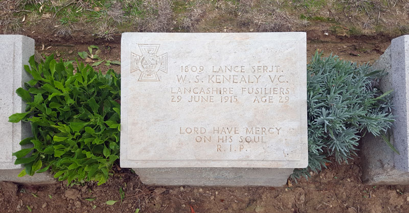 A grave marker bounded on two sides by small shrubs.