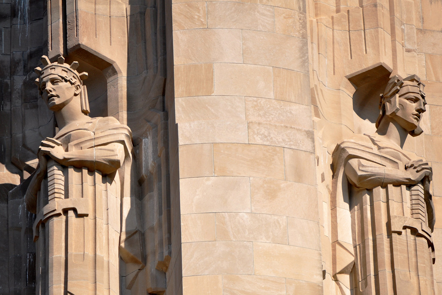 Close up of Guardian Spirit Sculptures at top of Liberty Memorial Tower