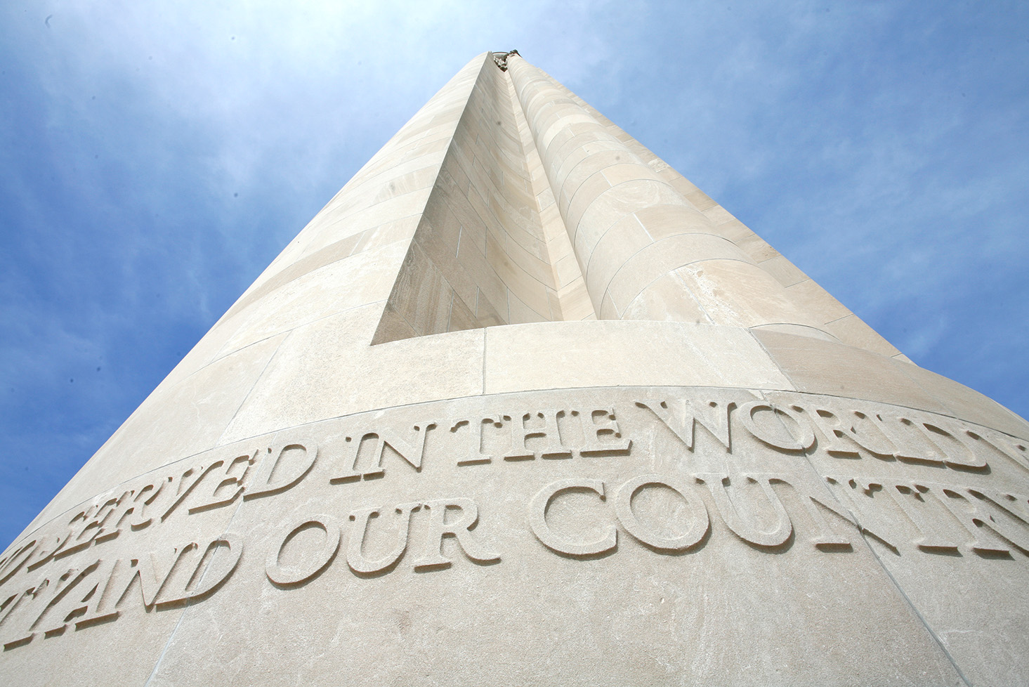 View of the Liberty Memorial Tower looking up from the base.