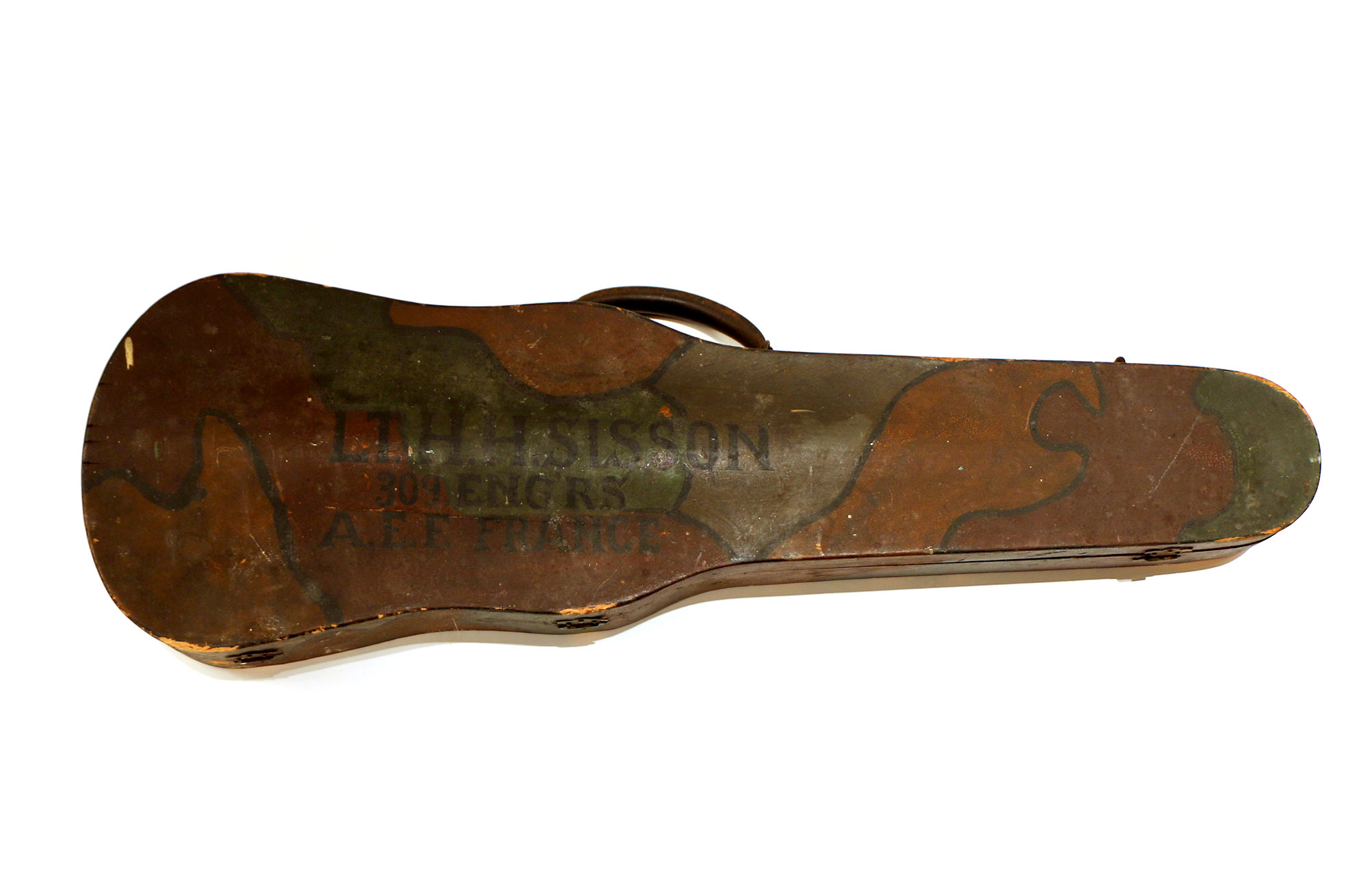 A violin case painted with camouflage