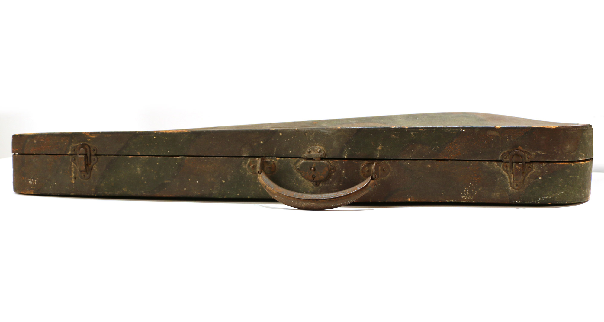 Side view of a violin case painted in camouflage