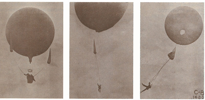 Series of three black and white photographs of a free balloon ascending in the air