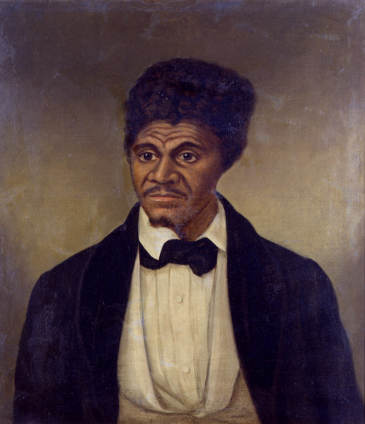 Portrait painting of a Black man wearing a black jacket and necktie and a white shirt.