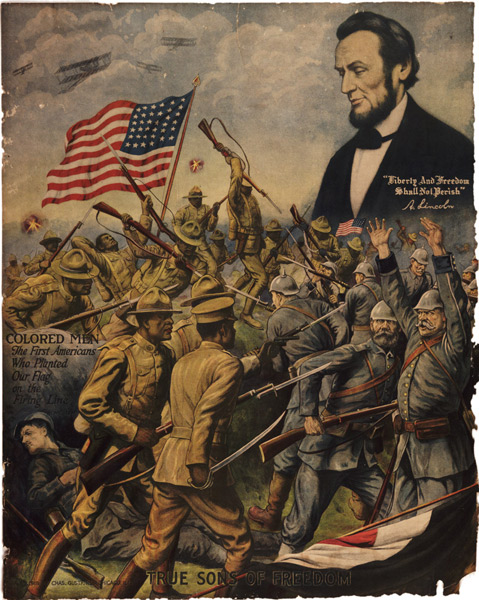 Painting of a WWI battle scene. Black soldiers charge forward against enemy forces with bayonets. A U.S. flag waves in the background while Abraham Lincoln looks down from the sky above.