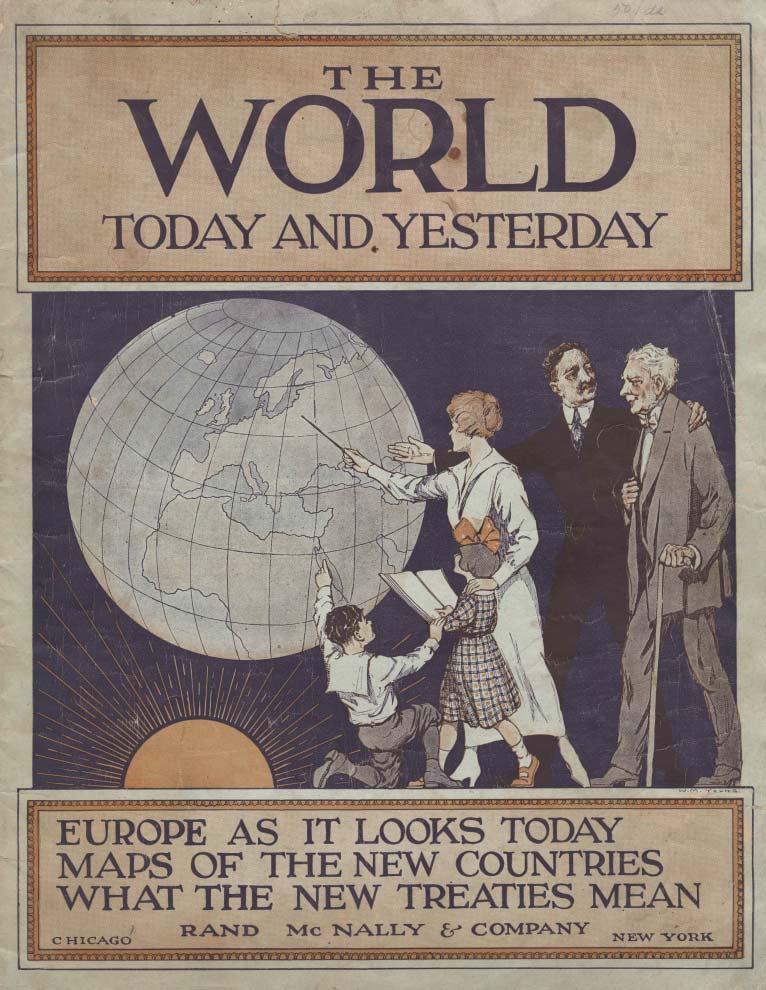 The world today and yesterday, cover of a pamphlet with an illustration of a teacher pointing at a globe.